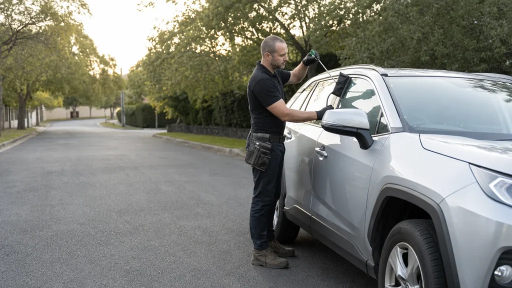 Automotive locksmith assisting a car lockout in Melbourne