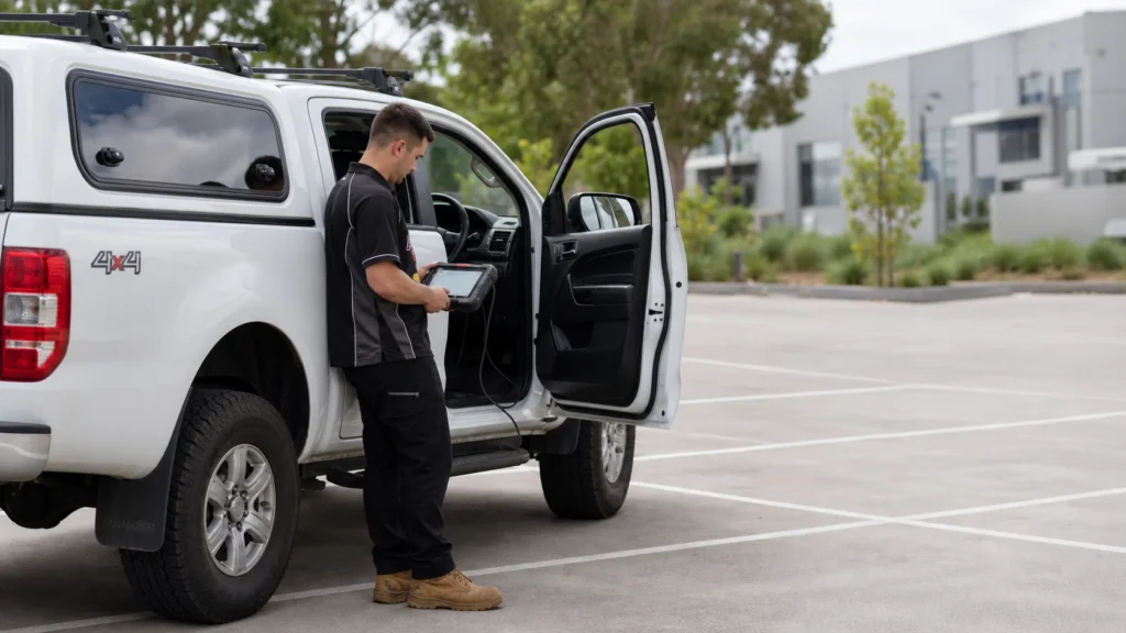 Automotive locksmith running ignition diagnostics on a car in Melbourne
