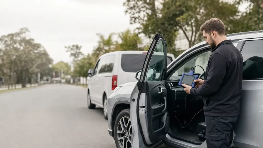Mobile automotive locksmith in Melbourne programming a Toyota vehicle key