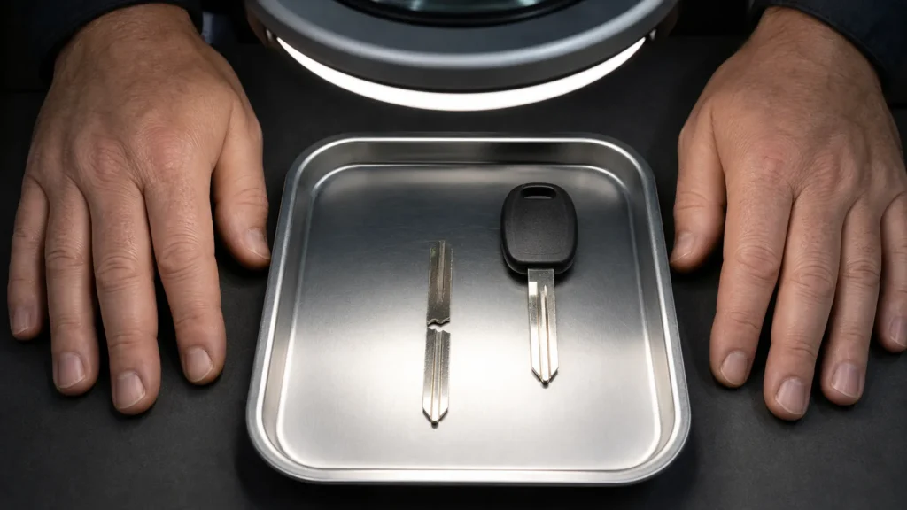 Broken car key fragments and replacement key inspection in Melbourne