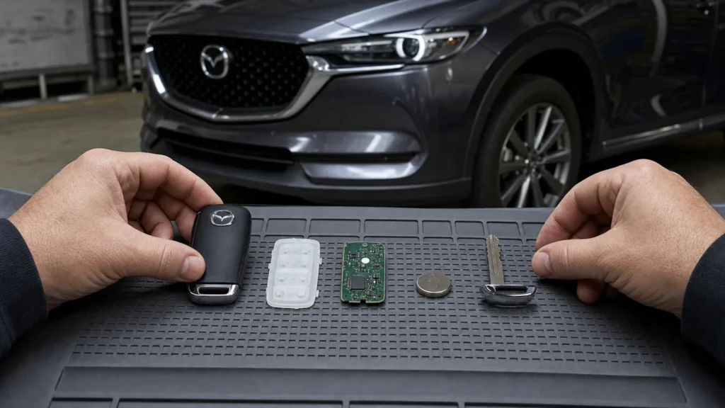 Car key fob component inspection in Melbourne beside a Mazda CX-5