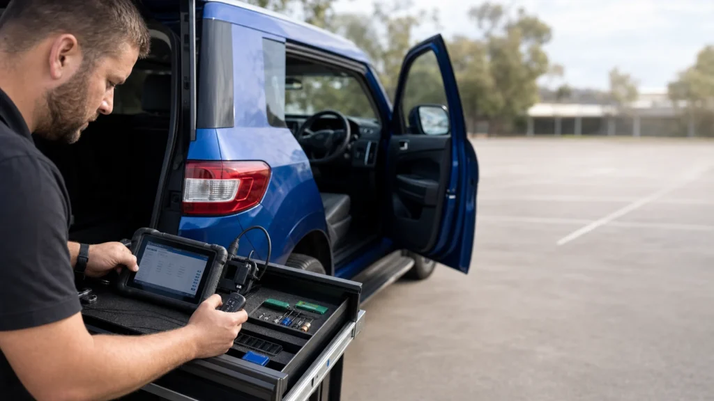 Mobile locksmith workstation for automotive key cutting in Melbourne