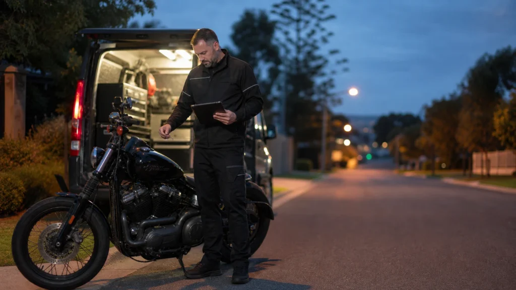 Emergency motorcycle locksmith attending a bike in Melbourne