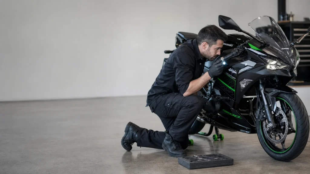 Motorcycle ignition repair inspection in Melbourne beside a Kawasaki Ninja 500
