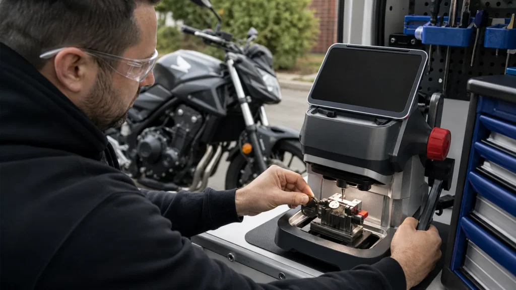 Motorcycle key cutting in Melbourne with a mobile key-cutting machine