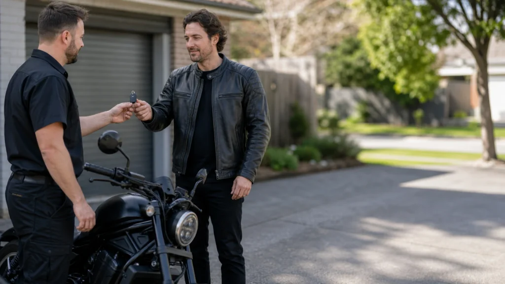 Motorcycle locksmith handing replacement key to rider in Melbourne