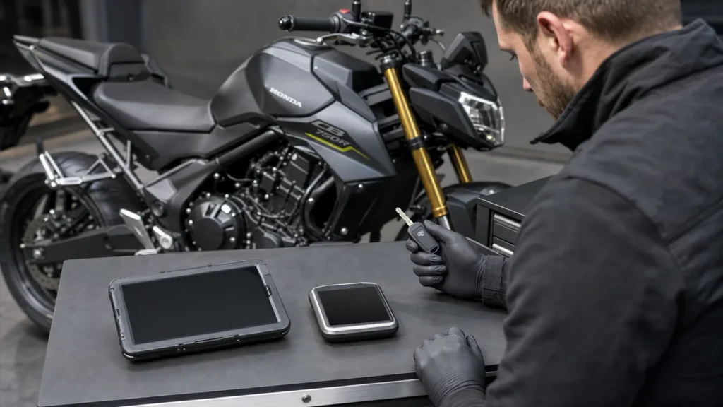 Motorcycle transponder key assessment in Melbourne beside a Honda CB750 Hornet