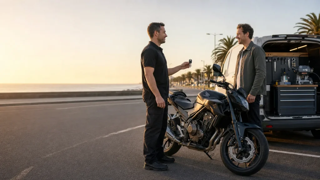 Motorcycle locksmith in Melbourne handing over a replacement Honda motorcycle key