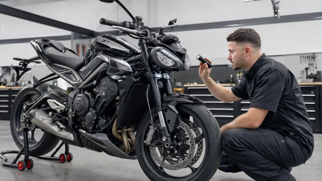Motorcycle steering lock inspection in Melbourne beside a Triumph Street Triple