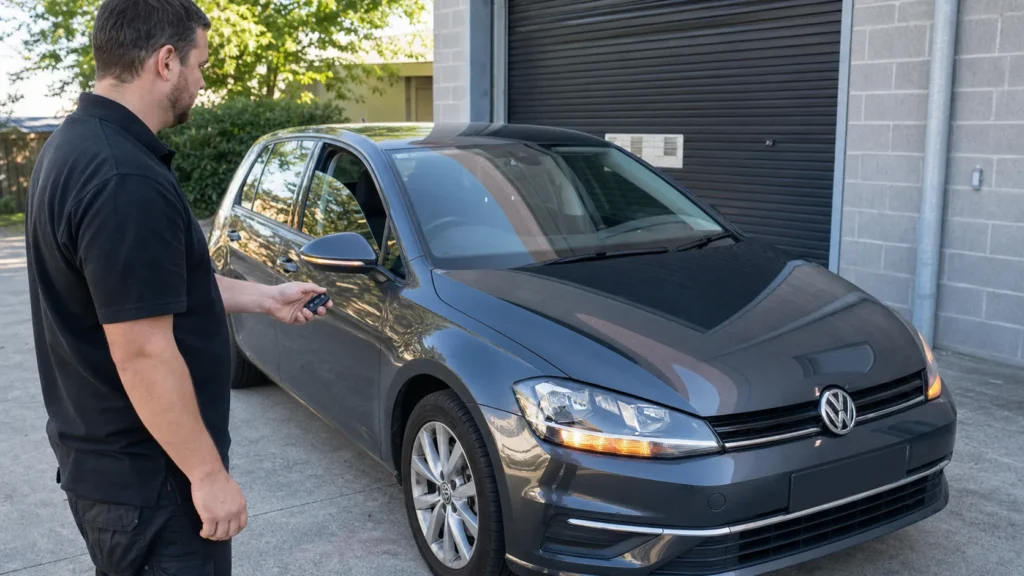 Programmed car key function test beside a Volkswagen Golf