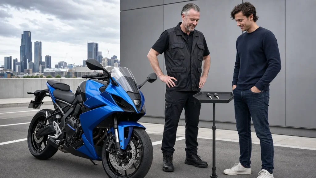 Spare motorcycle key service in Melbourne beside a Suzuki GSX-8R